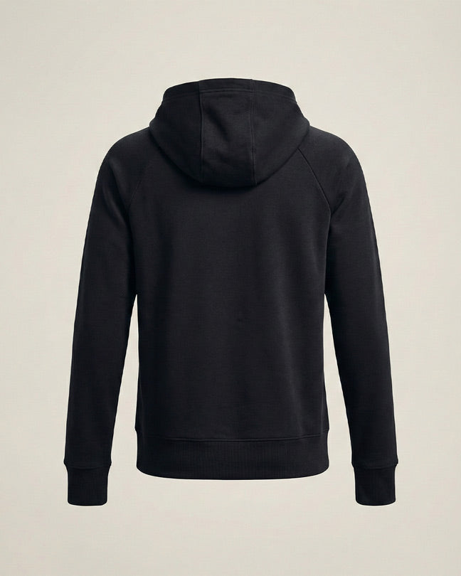 Back view of plain black hoodie sweatshirt with hood and long sleeves on light background