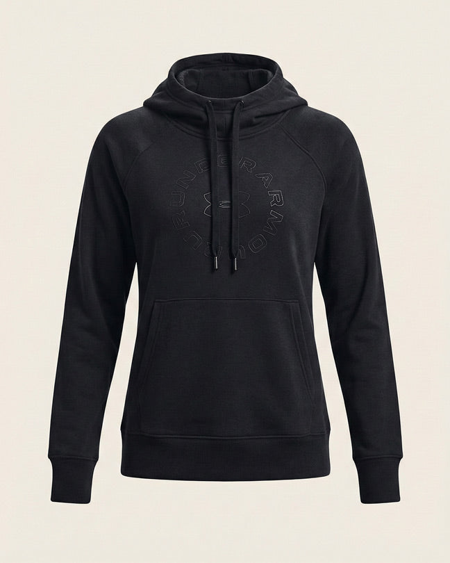Black pullover hoodie with drawstring hood and front kangaroo pocket, minimalist design