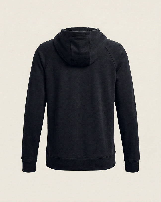 Black hooded sweatshirt with long sleeves, back view on neutral background