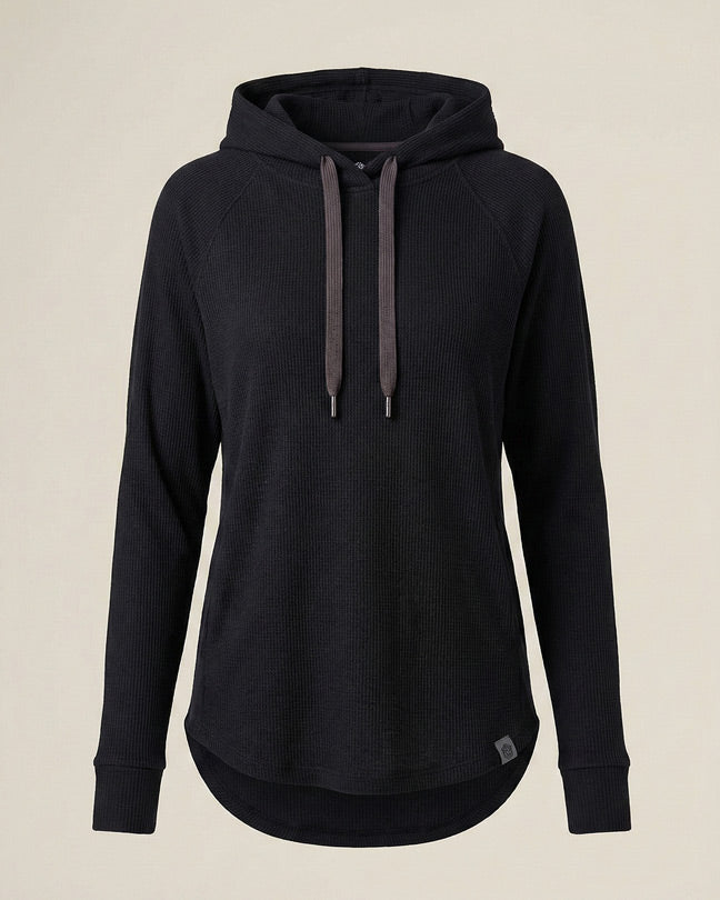 Black long sleeve hoodie with drawstrings, ribbed texture, and curved hem on plain background