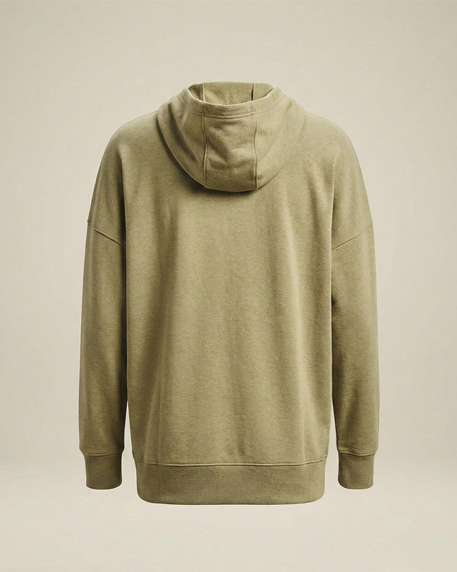 Back view of an olive green hooded sweatshirt on a plain background
