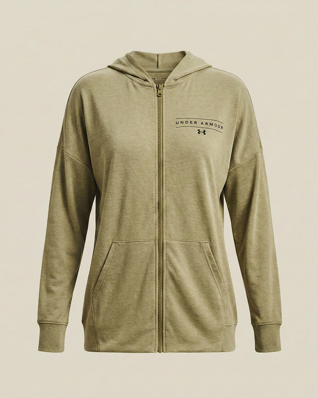 Olive green zip-up hoodie with front pockets and Under Armour logo on chest
