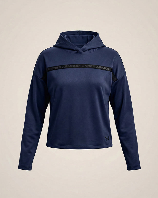 Navy blue Under Armour women's hoodie with long sleeves and logo across the chest