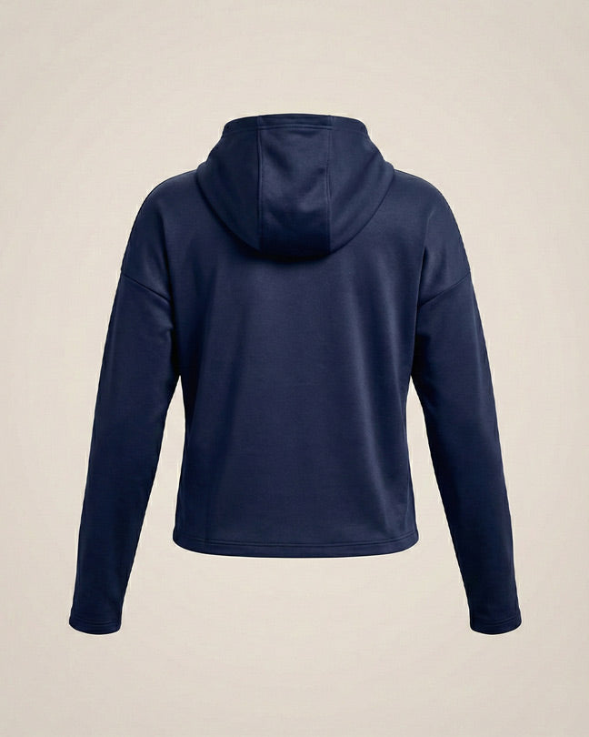 Navy blue hoodie with long sleeves, back view, plain background