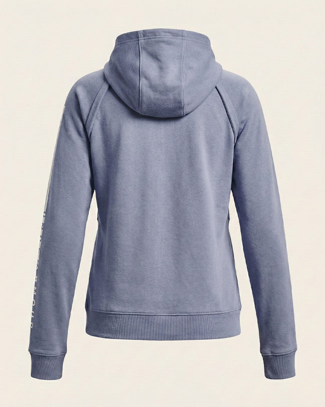 Back view of a blue hooded sweatshirt with long sleeves and ribbed cuffs
