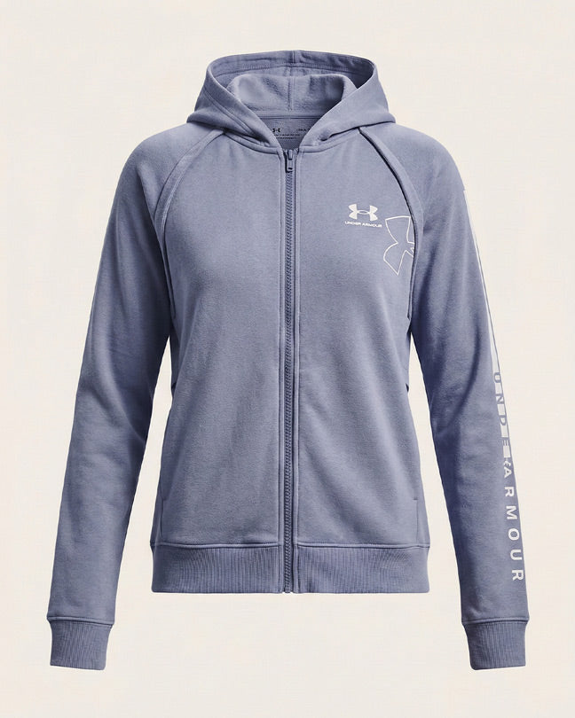 Light blue zip-up hoodie with hood, long sleeves, and Under Armour logos on chest and sleeve