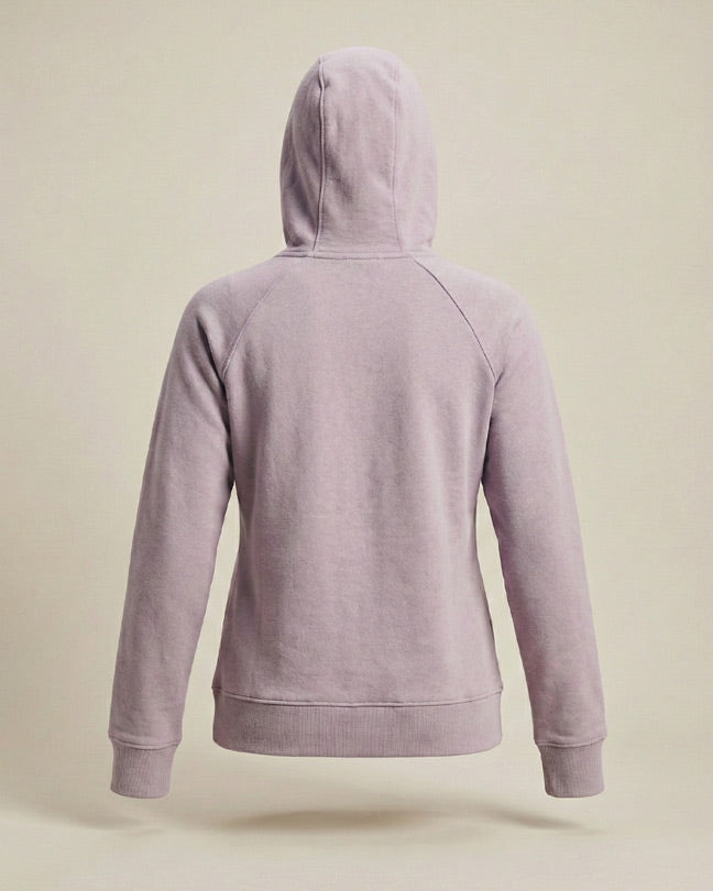 Back view of a light purple hooded sweatshirt on a neutral background
