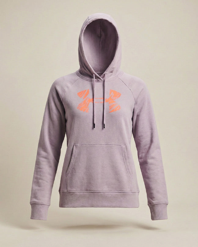 Light purple women's hoodie with kangaroo pocket and orange front logo on neutral background