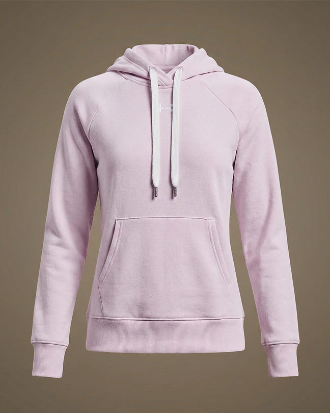 Light pink women's pullover hoodie with white drawstrings and front kangaroo pocket