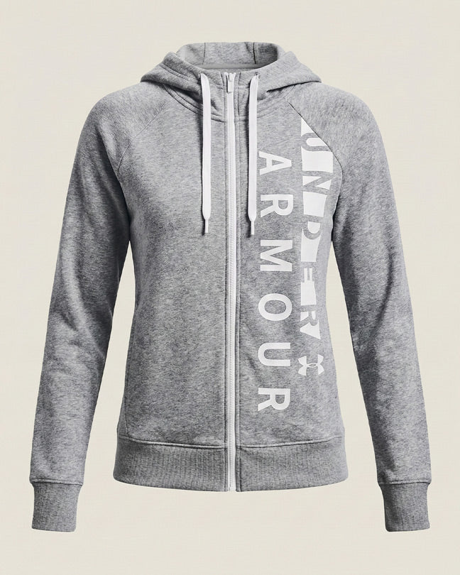 Gray zip-up hoodie with white drawstrings and bold vertical text on front