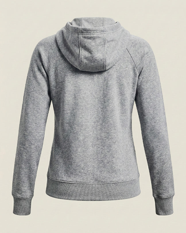 Back view of a gray fleece hoodie with long sleeves and ribbed cuffs