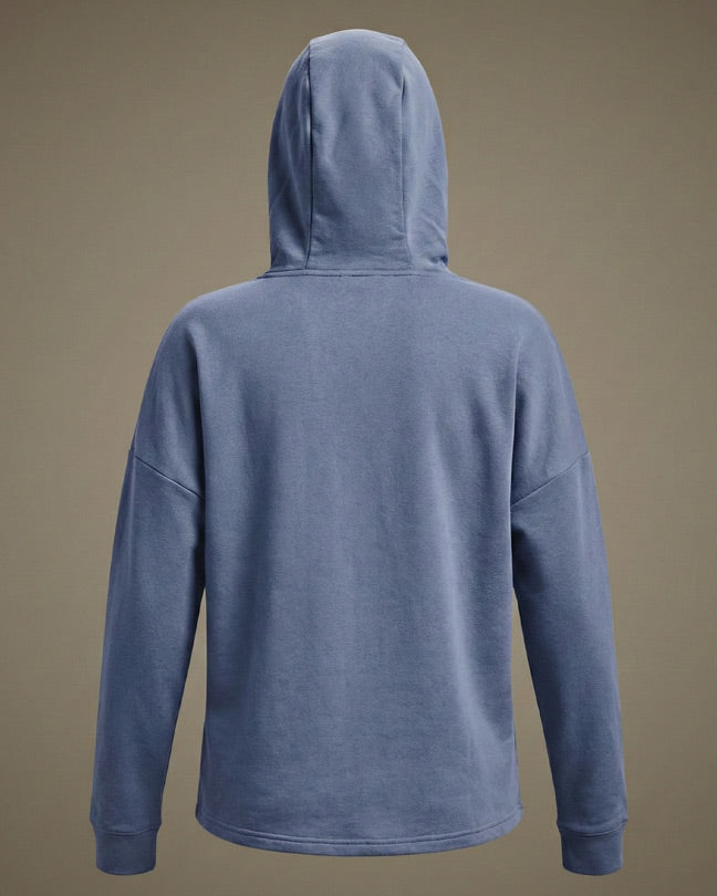 Back view of a blue hooded sweatshirt with long sleeves on a neutral background