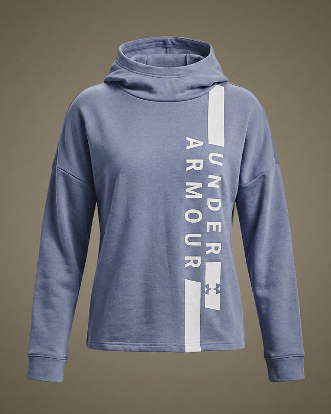 Blue long sleeve sweatshirt with cowl neck and vertical white Under Armour logo print