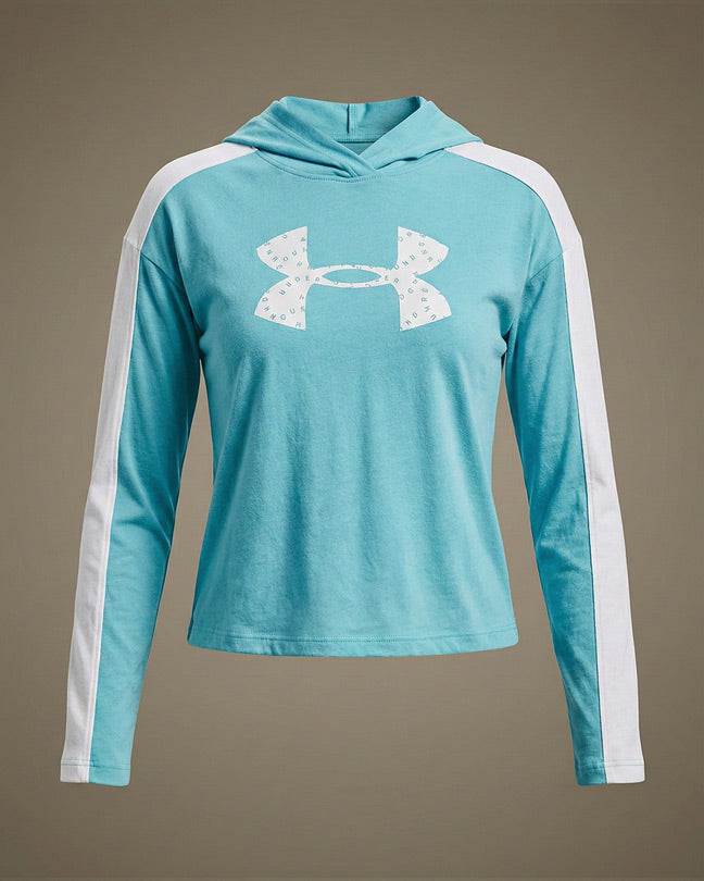 Light blue women's long sleeve hooded shirt with white side stripes and front logo