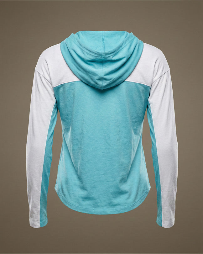 Light blue and white colorblock long sleeve hoodie, back view, on plain background