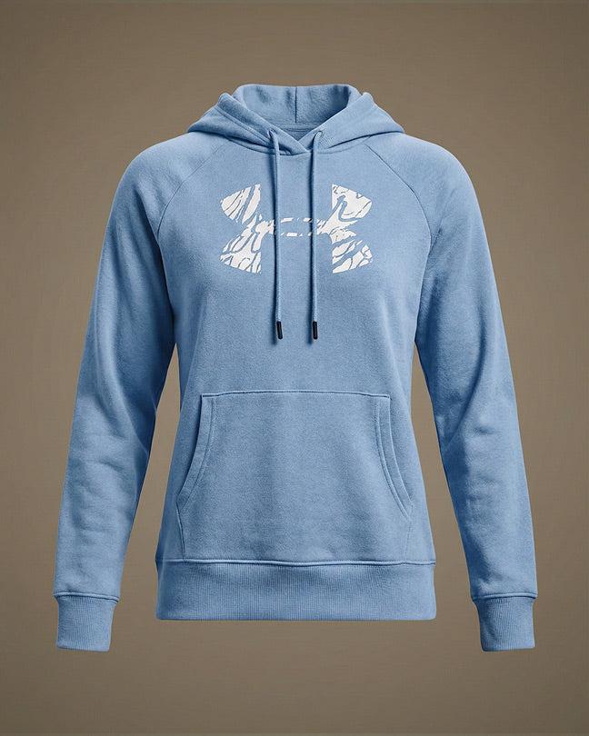 Light blue hoodie with white graphic logo, kangaroo pocket, and drawstring hood