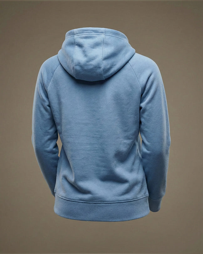 Back view of a light blue hooded sweatshirt against a neutral background