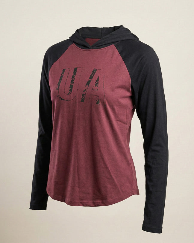Burgundy and black long sleeve hooded shirt with UA logo on front