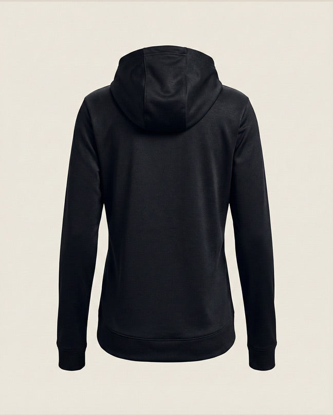 Back view of a plain black hoodie with long sleeves and a hood on a neutral background