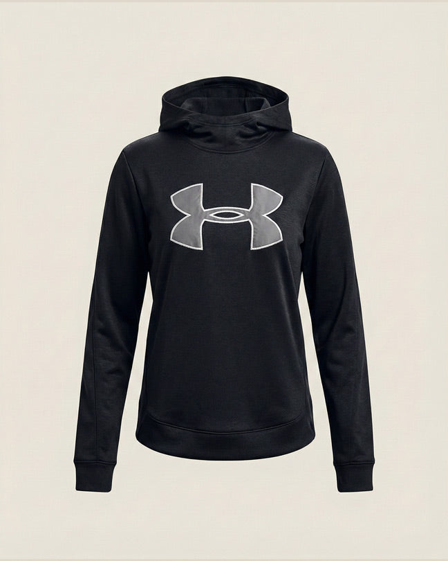 Black hoodie with large white logo on chest, front view, athletic casual wear