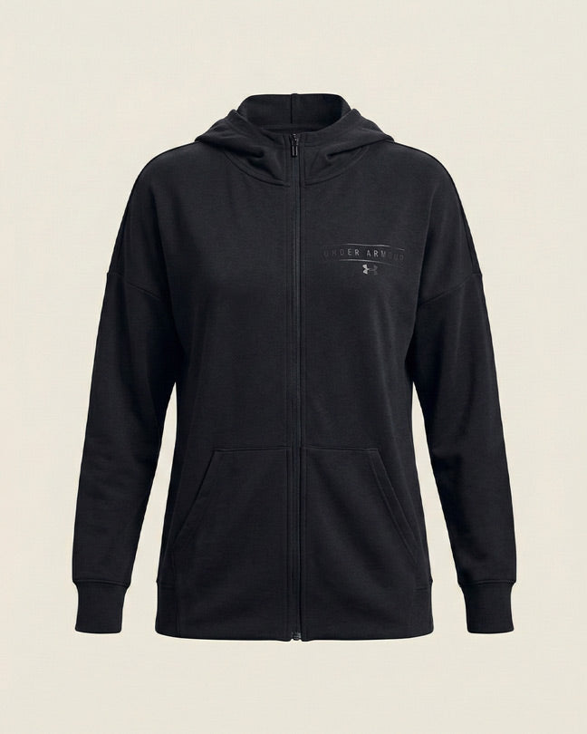 Black zip-up hoodie with front pockets and subtle logo, displayed on a plain background