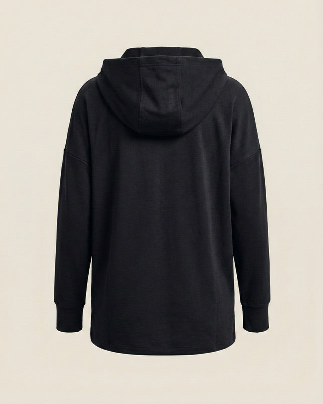 Back view of a black hooded sweatshirt with long sleeves on a plain background