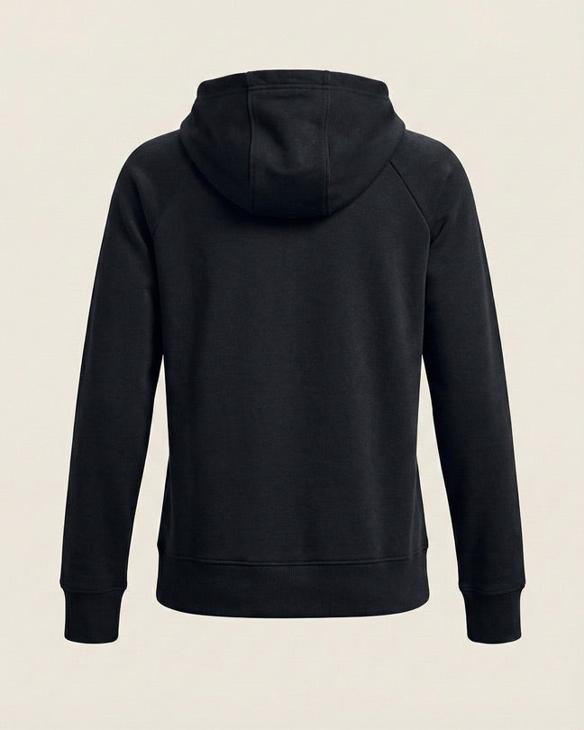 Back view of a plain black hooded sweatshirt with long sleeves on a neutral background