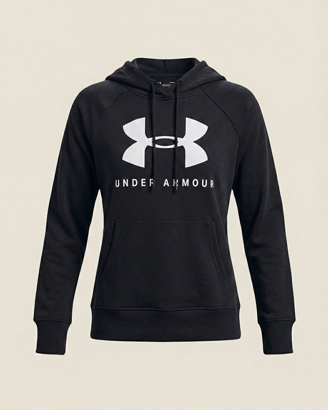 Black Under Armour hoodie with front pocket and white logo, casual sportswear top