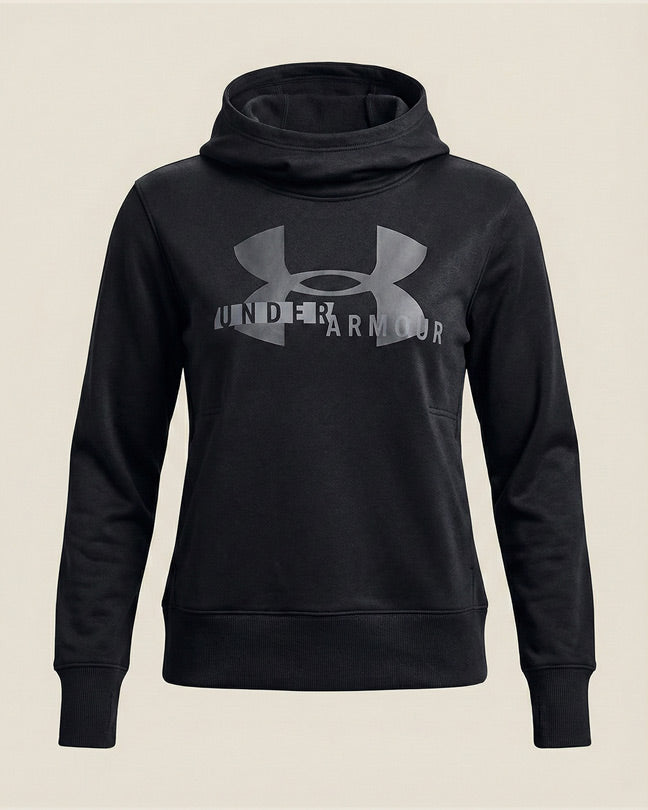 Black pullover hoodie with Under Armour logo and cowl neck, long sleeves, front view