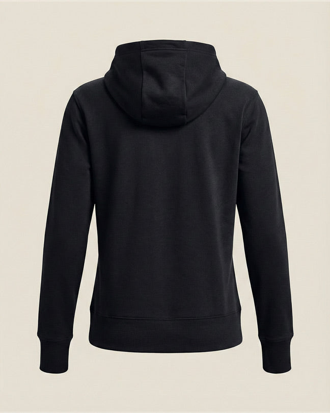 Back view of plain black hooded sweatshirt on neutral background