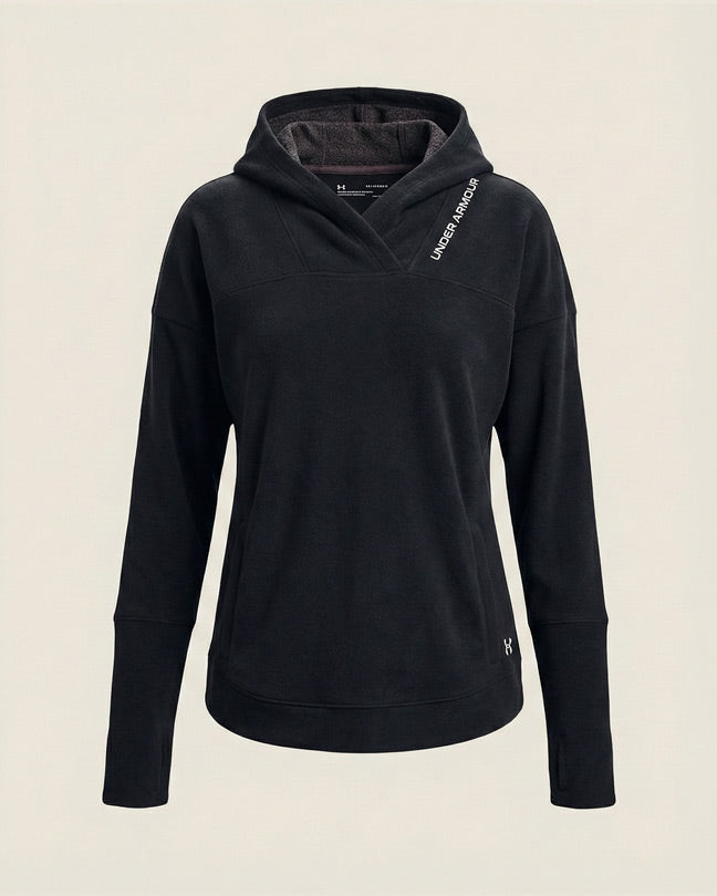 Black long sleeve hooded sweatshirt with Under Armour logo and minimalist design