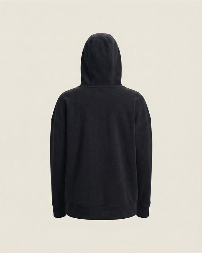 Black hoodie back view on neutral background, casual unisex sweatshirt