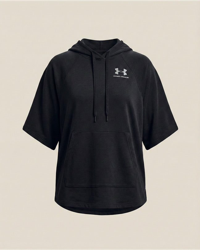 Black short-sleeve hoodie with front pocket and drawstring, Under Armour logo on chest