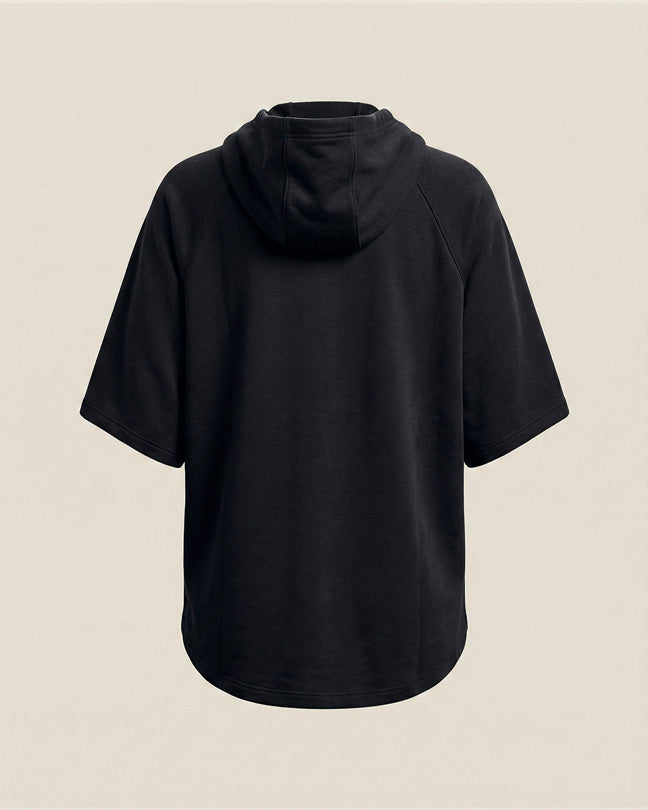 Black short sleeve hoodie with loose fit, viewed from the back on neutral background