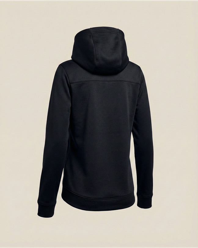 Back view of a plain black hoodie with hood and long sleeves on a neutral background