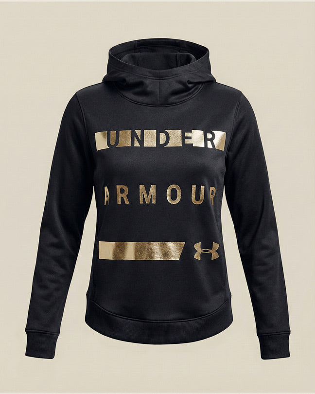 Black hoodie with gold metallic UNDER ARMOUR logo and long sleeves on plain background