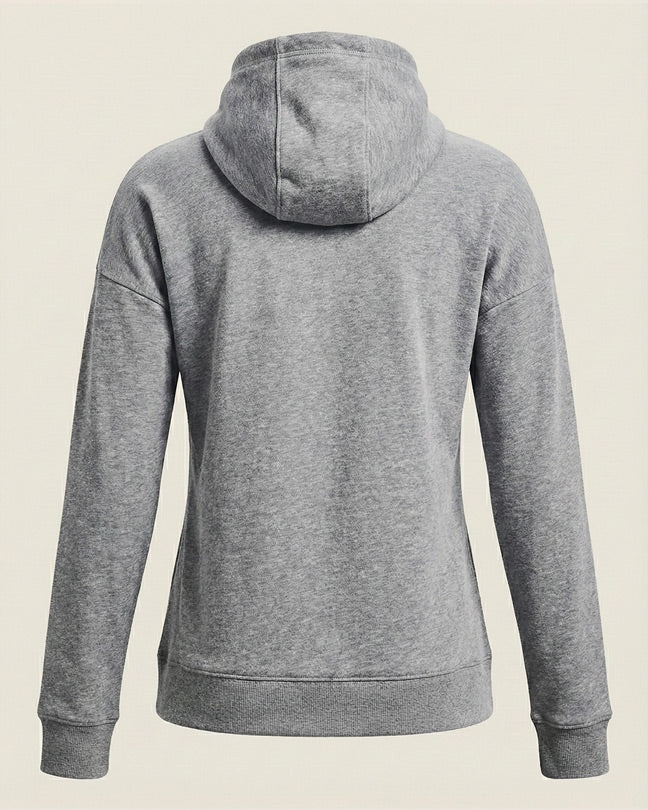 Back view of a gray hooded sweatshirt with long sleeves on plain background