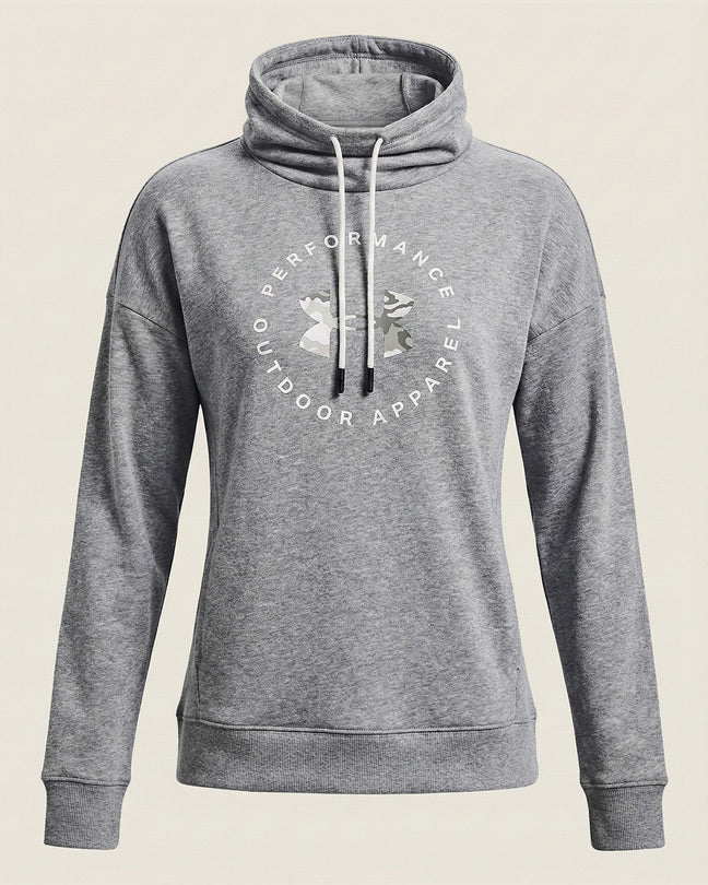 Gray pullover hoodie with cowl neck, drawstrings, and 'Performance Outdoor Apparel' printed on front.
