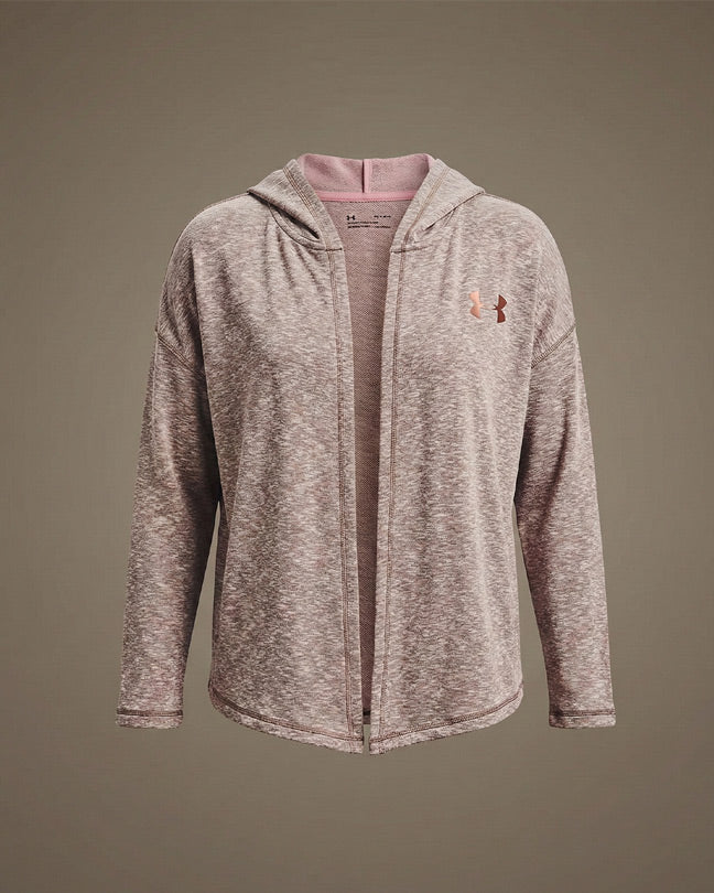Light heathered pink zip-up hoodie with long sleeves and hood on neutral background