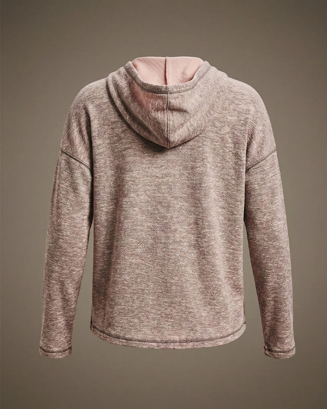 Back view of a heathered light pink hooded sweatshirt with long sleeves