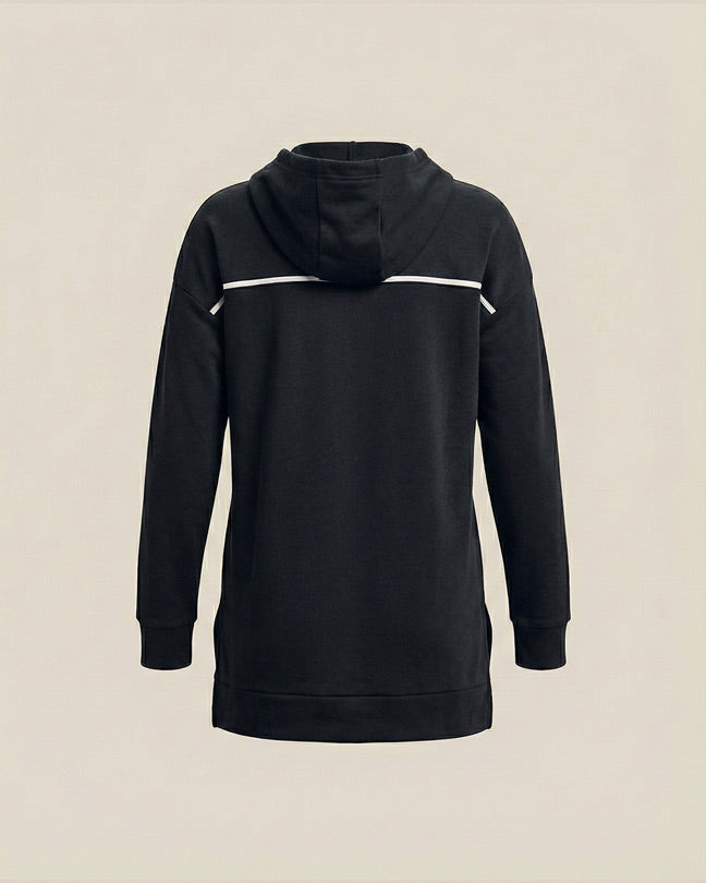 Black hooded sweatshirt with white stripe detail on the back, long sleeves, plain background