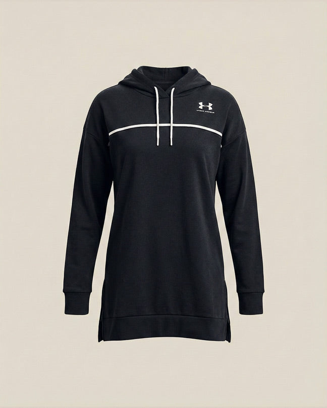 Black long-sleeve hoodie dress with front logo, drawstrings, and white accent line.