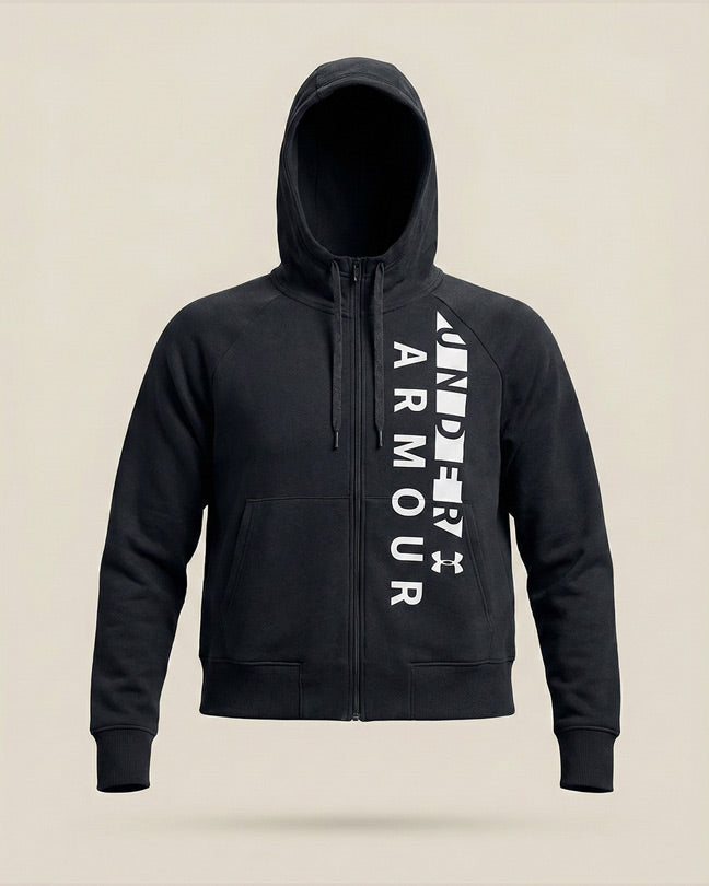 Black zip-up hoodie with bold white text and drawstring hood on neutral background