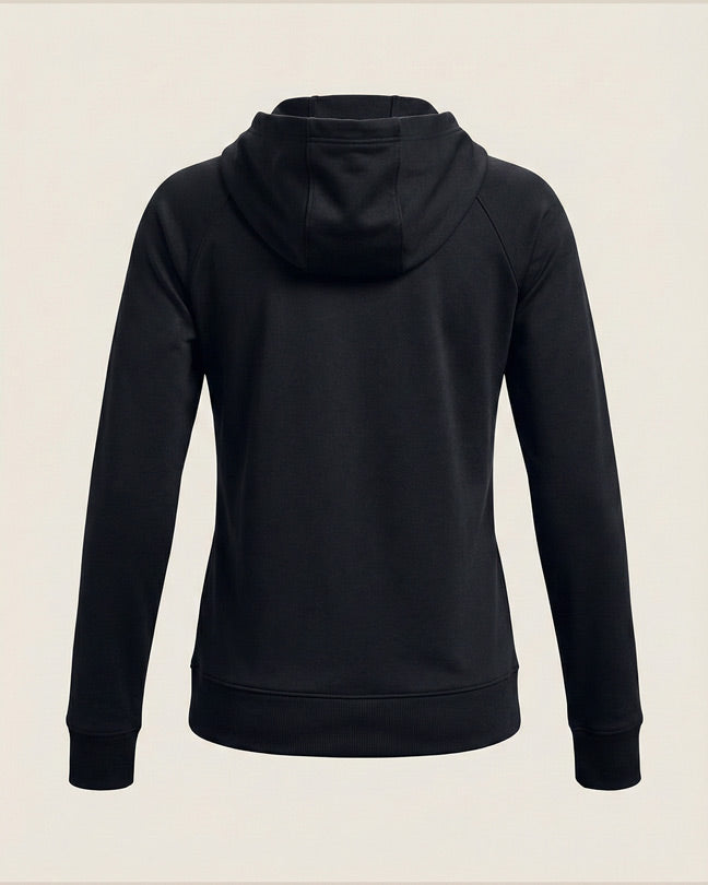 Black hooded sweatshirt with long sleeves, rear view on neutral background