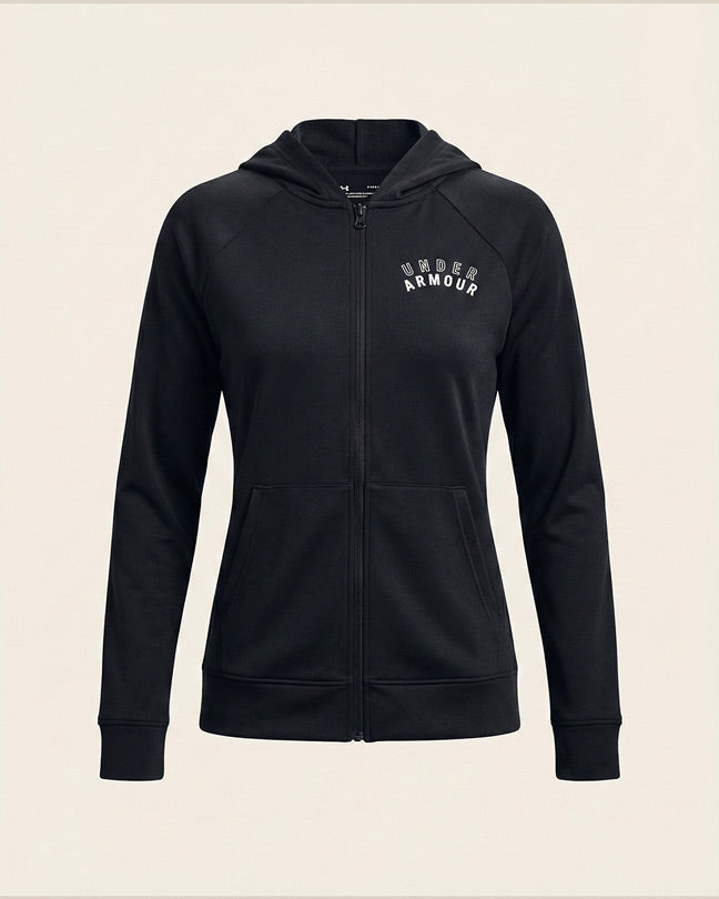 Black zip-up hoodie with front pockets and white Under Armour logo on chest