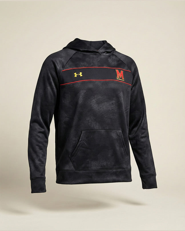 Black athletic hoodie with kangaroo pocket, red and yellow stripes, and letter M chest logo