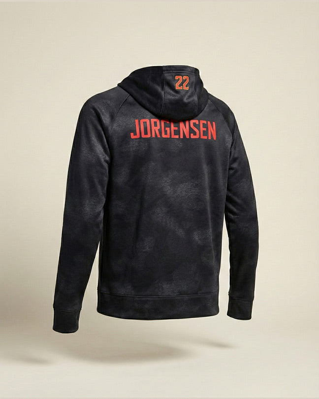 Black hoodie with red JORGENSEN text and number 22 on back, athletic casual wear