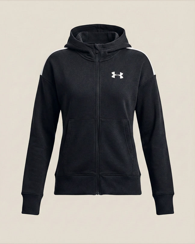Black zip-up hoodie with front pockets and small white logo on chest, displayed on plain background