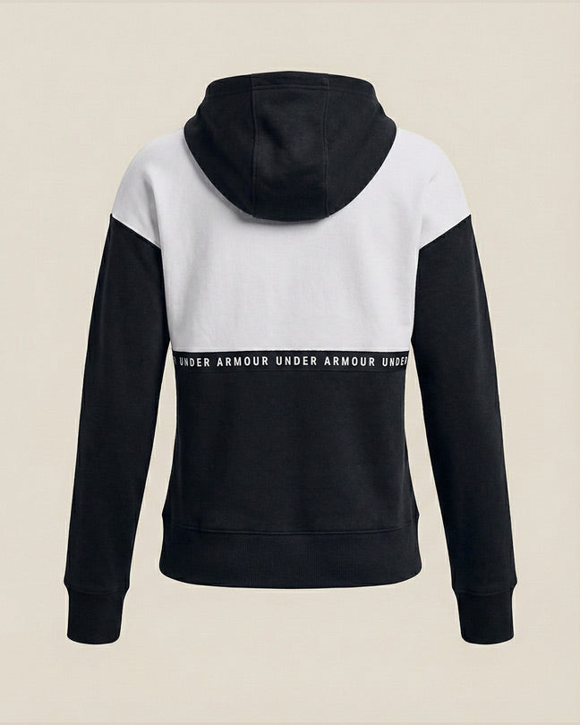 Black and white colorblock hoodie with hood, long sleeves, and logo band across the back.