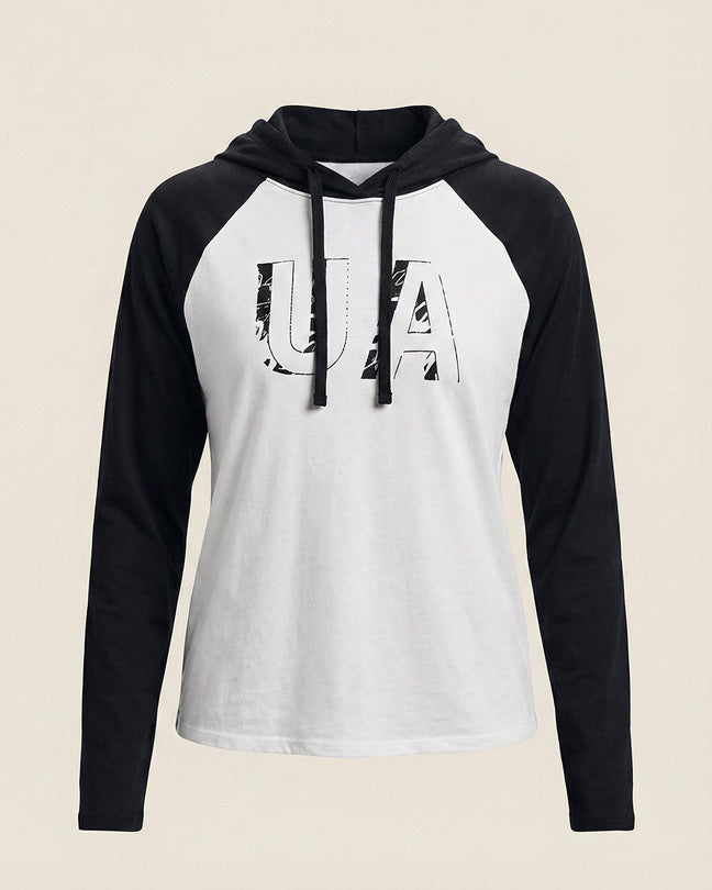 Women's black and white long sleeve hooded sweatshirt with UA graphic on front